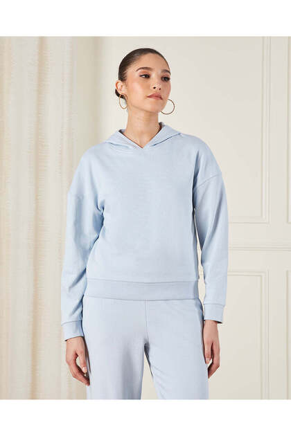 Women Blue Basic Hooded Sweatshirt