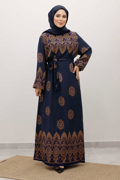 Tile Patterned Viscose Dress Tsd250237 Navy Blue