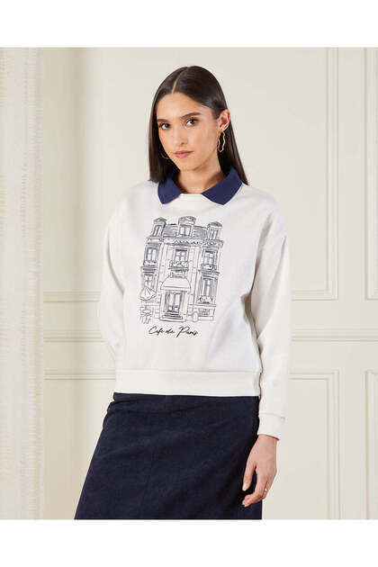 Women Beige Collared Printed Sweatshirt