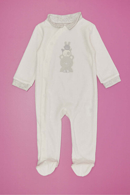 White Placement Print Velour Sleepsuit