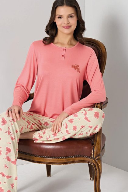 Women's Long Sleeve Buttoned Collar Salmon Pajama Set C8T0N91