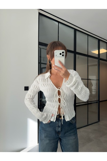 White Bluse with Drawn-Up Collar