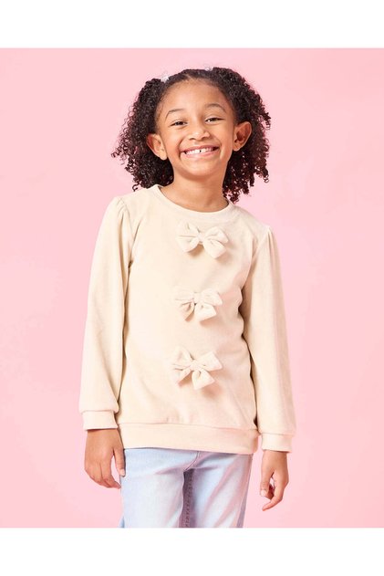Girls Beige Velour Bow Embellished Top