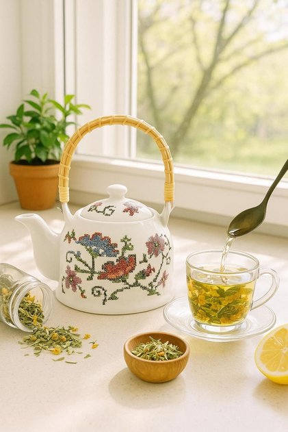Etamin Desenli Porselen Demlik – Bambu Saplı, Şık Çay Demliği, Lüks Sunum için