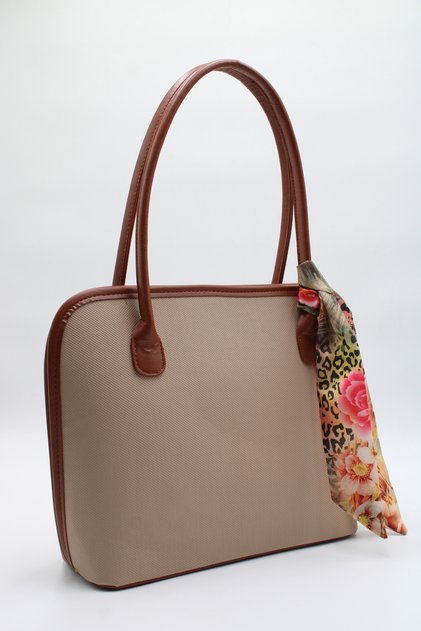 Women's Beige Tan Large Size Scarf Detailed Zippered Hand, Arm and Shoulder Bag