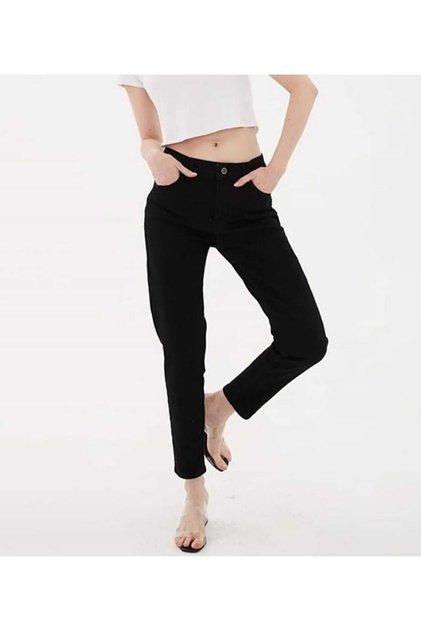 Bt19844476 Women's Non-Fading Black High Waist Boyfriend Mom Jeans Pants