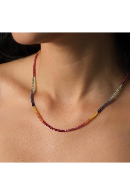 Multicolor(çok renkli) gökkuşağı Doğal Taş Kolye – Yakut, Zümrüt, Safir Minimalist Choker