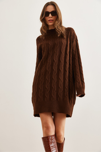 Women's Bitter Brown Hair Knit Detailed Knitwear Tunic Dress Elb-19002566