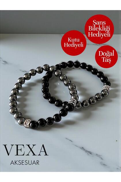 Onyx & Hematite Natural Stone Bracelet Couple Lover Bracelet Set – with Box and Lucky Bracelet Gift