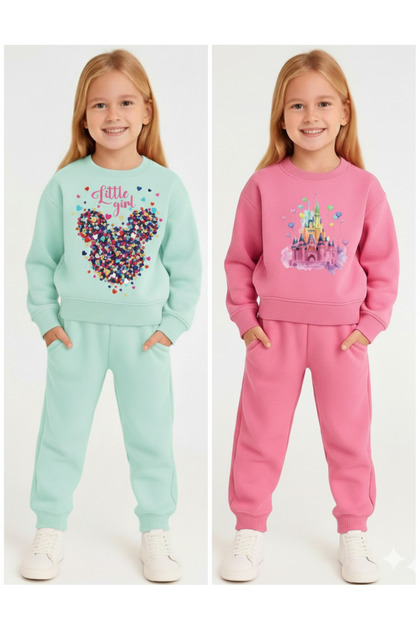 Girl's Printed Winter Fleece-Lined Sweatshirt / Tracksuit Set