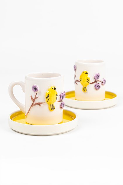 Bird Motif 4-Piece Handmade Coffee Cup Set for 2 People