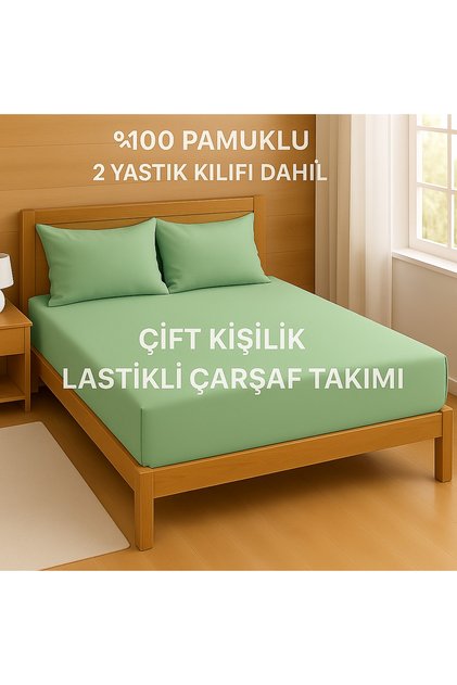 cearșaf cu elastic set pentru două persoane culoare verde bumbac 100% piese 2 față de pernă inclusiv 160×200