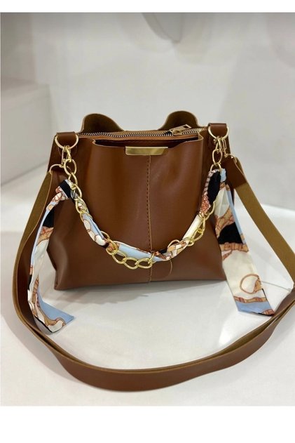 Women's Soft Leather 3-Compartment Handbag, Shoulder Bag with Scarf and Chain Accessories