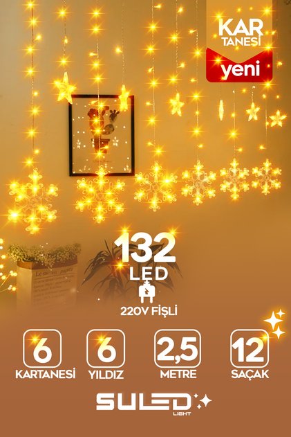 Kar Tanesi 2,5 Metre 132 Led 12 Sarkıt Oda Parti Kutlama Dekor Süsleme Ledi 220v Sarı Led Işık
