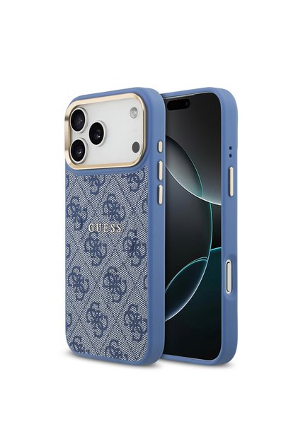 iPhone 17 Pro Max Kılıf M-safe Şarjlı Gold Kamera Çerçeve PU Deri Yazı Logolu Kahverengi Mavi