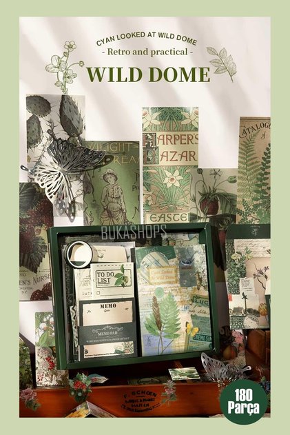 "Wild Dome" Serisi 180 Parça Botanik Scrapbook Seti - Hediye Kutulu Defter, Sticker, Washi Bant ve M
