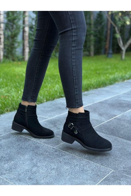 Black Suede Buckle Women's Casual Boots