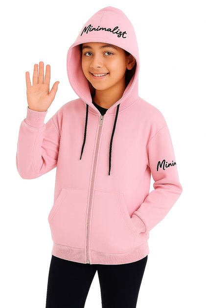 244-09-24 Girl's Cardigan with Hood Minimalist Embroidered 2 Threads Age 8/12
