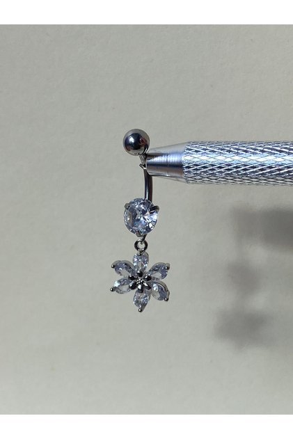 Çiçek Göbek Piercing Çelik Gümüş Renk Zirkon Taşlı
