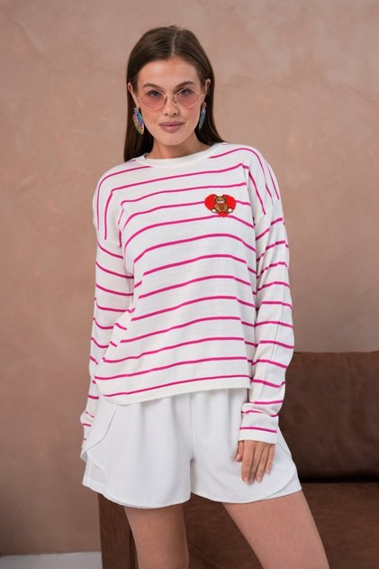 Oversized Striped Teddy Bear Detailed Crew Neck Sweater Aw25Kz0070