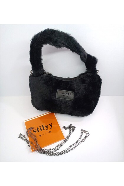 Black Furry Plush Women's Shoulder Bag