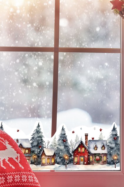 New Year Winter Landscape Sticker Set - New Year Snowy Houses Decor Set