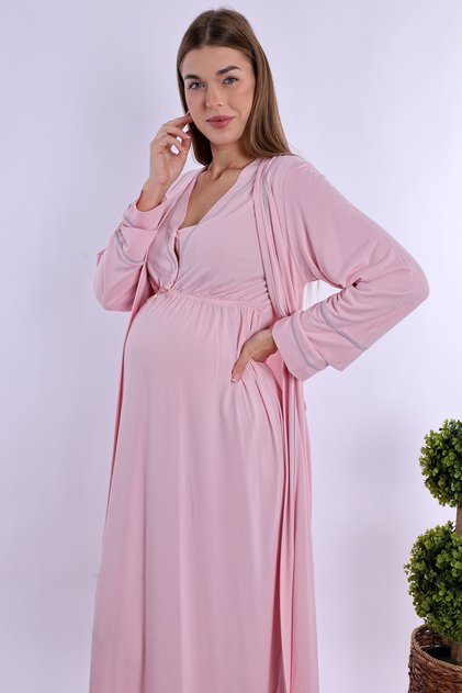 Effortt Pink Maternity and Postpartum Nightgown Set with Robe