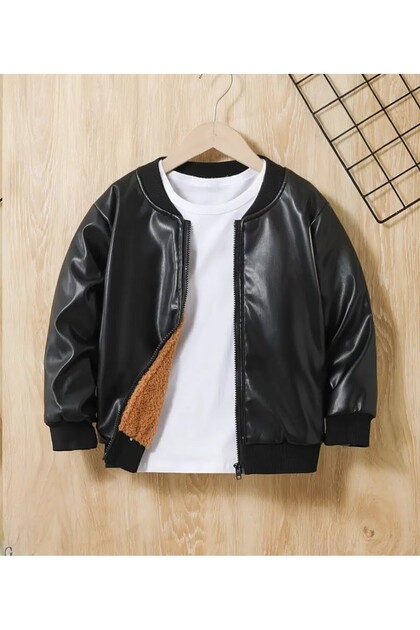 Faux Leather Boy's Plush Detailed Coat
