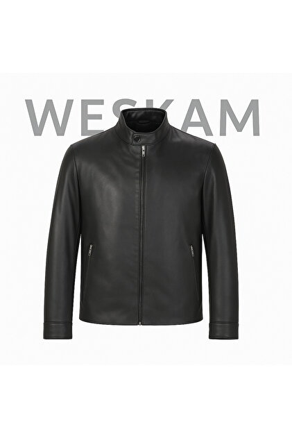 Men's Black Genuine Leather Coat Zippered Plain Real Leather Jacket Elvs