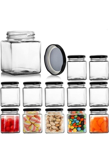 square jar with black sealed metal lid (8oz/200ml), clear glass, 12 jars