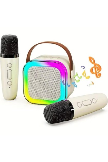 Boxă portabilă K12 Bluetooth 5.3, 2 microfoane wireless, lumini RGB, bej - Set karaoke