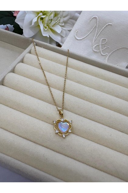 Blue Heart Figure Opal Zircon Stone Gold Color Steel Necklace