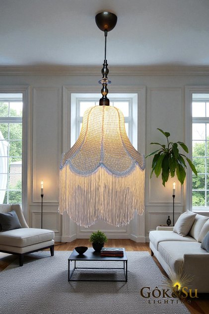 Retro Vintage Rattan Püsküllü Sarkıt Avize - Salon Oturma Odası