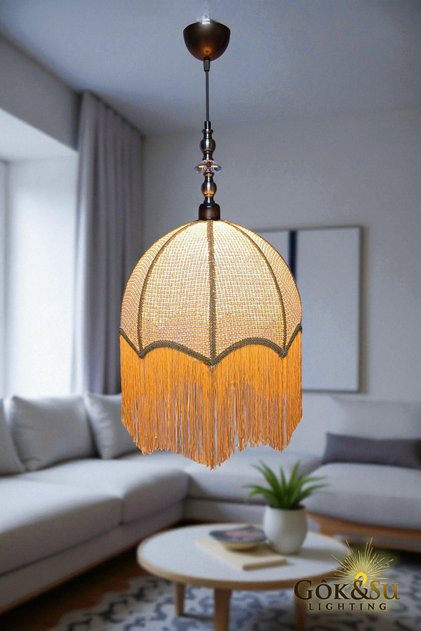 Retro Vintage Rattan Püsküllü Sarkıt Avize - Salon Oturma Odası
