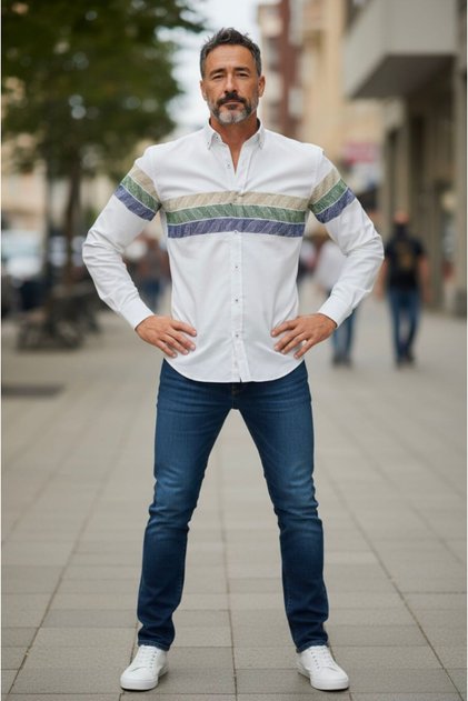 Slim Fit Sports Cut Panel Pattern Men's Long Sleeve Shirt