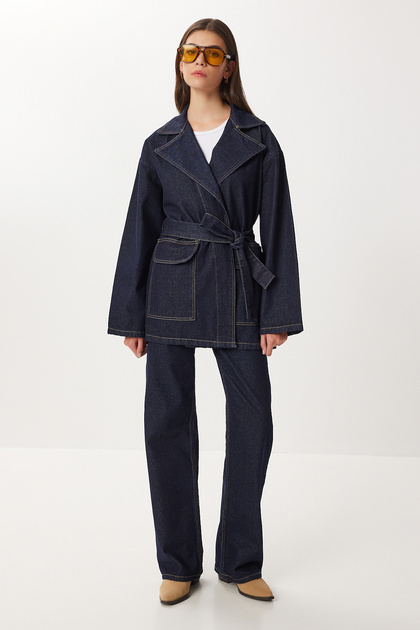 Belted Denim Jacket Pants Set Lri0013 Dark Blue