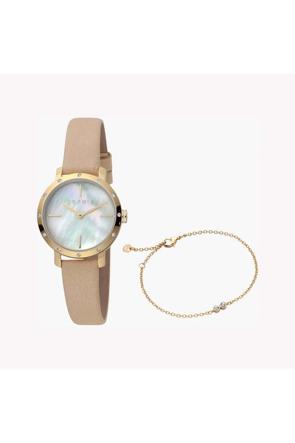 Women's Beige Leather Watch, White Mother Of Pearls | Es1l123m0016