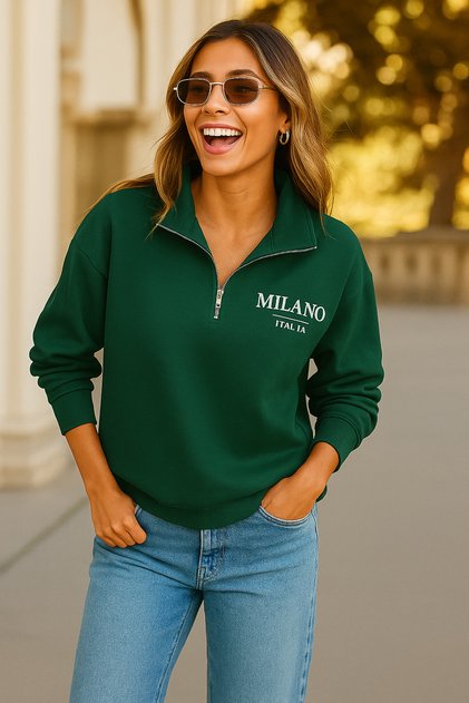 Women's Mock Neck Half Zipper Fleece-Lined Two Thread Sweatshirt