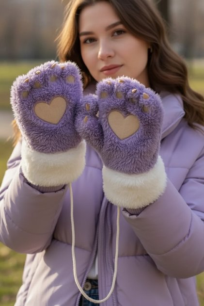 Purple and White Color Paw Strap Plush Gloves
