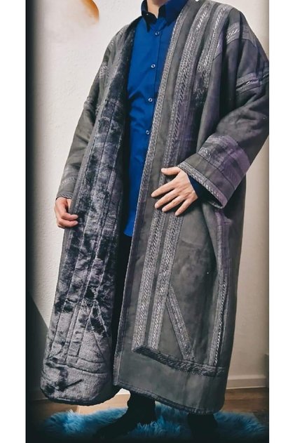 Men's Heavy Winter Fur Coat, Classic Gray - Luxurious Velvet Wool with Thick Fur Lining