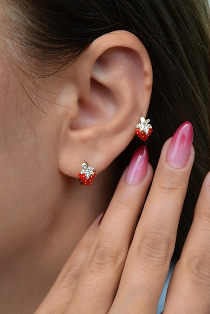 Red Strawberry Hoop Earrings – Durable Children's and Adult Earrings with Zircon Stone