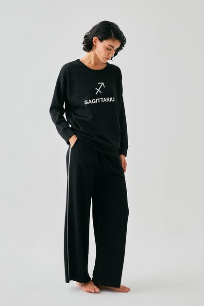Women's Black Sagittarius Oversized 2 Thread Tracksuit Home Wear Set