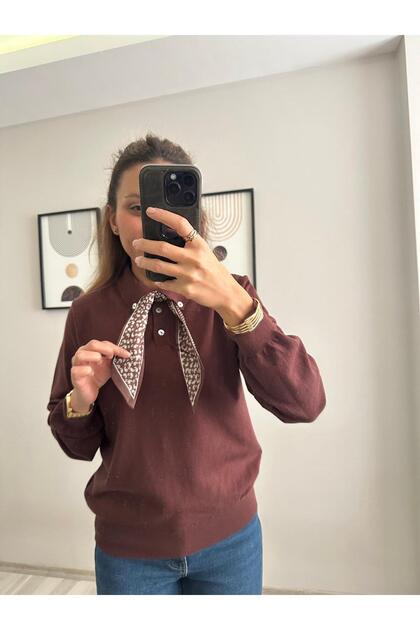 Soft Textured - Satin Scarf - Polo Neck Knit Long Sleeve Sweater