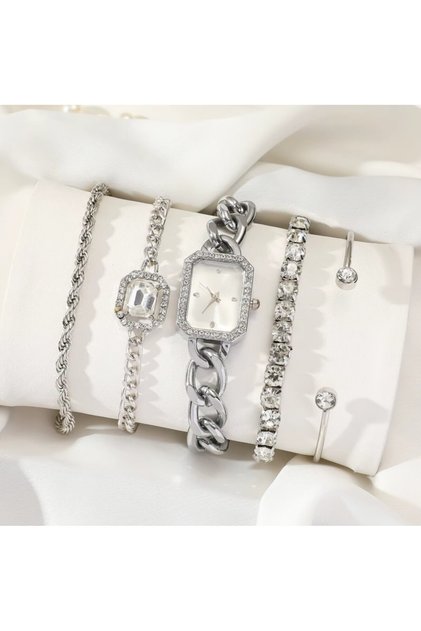 Set de ceas și 4 brățări elegante, model cu diamant, cristale de zirconiu, femei, metal, argintiu