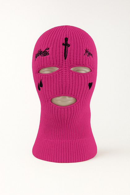 Knitted Unisex Sword Teardrop Embroidered Balaclava Fuchsia