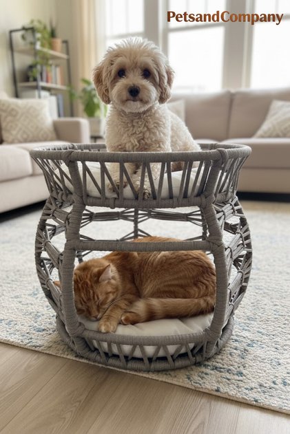El Örgüsü 2 Katlı Kedi Köpek Yatağı ve Evi Gri, 53x50 cm, Modern Çift Katlı Evcil Hayvan Ranzası