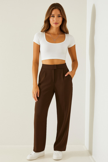 Women's Brown Velcro Waist Detailed Palazzo Fabric Trousers