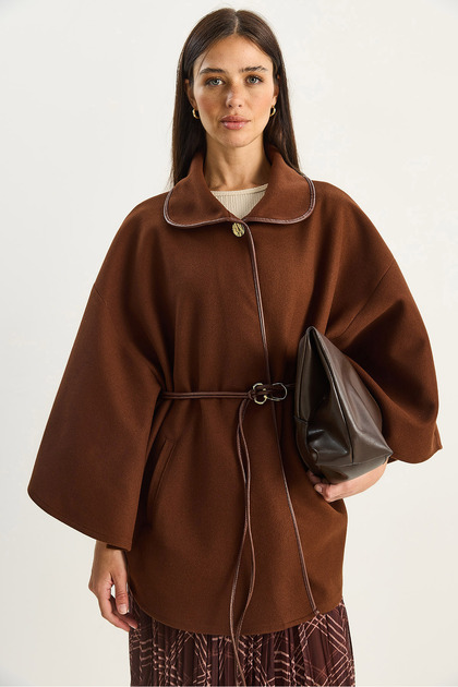 Women's Brown Faux Leather Belted Cashmere Poncho with Pocket Detail 60282035