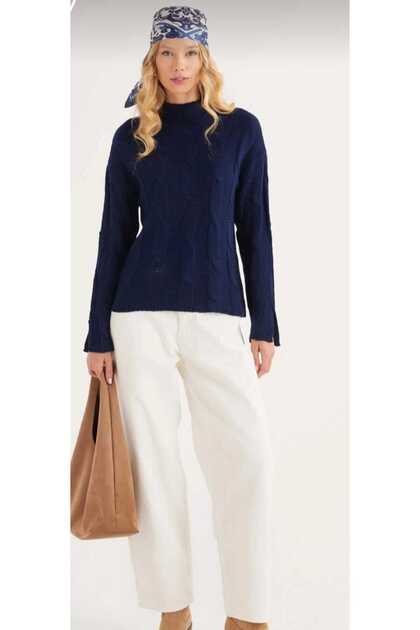 Women's Fit Cut Half Turtleneck Hair Knit Navy Blue Knitwear