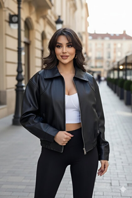 Zippered Comfortable Fit Leather Bomber Jacket
